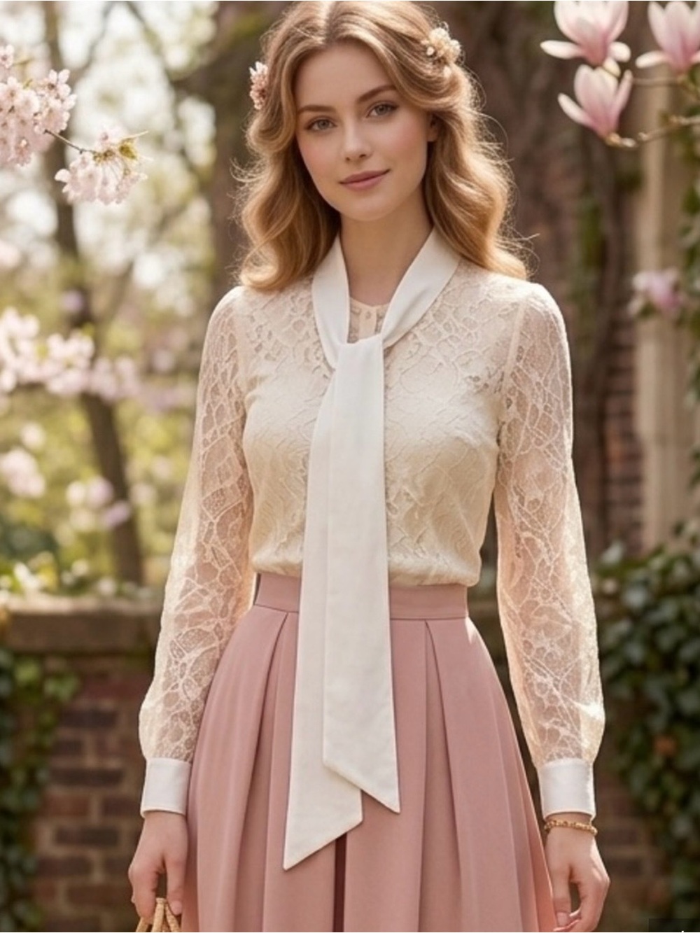 Vintage Mohair-Blend Lace Tie-Neck Blouse | Lined Front | Sz S Victorian Cottage